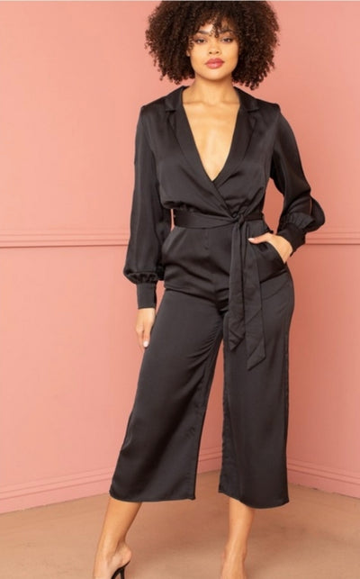 Black Satin Collar Jumpsuit