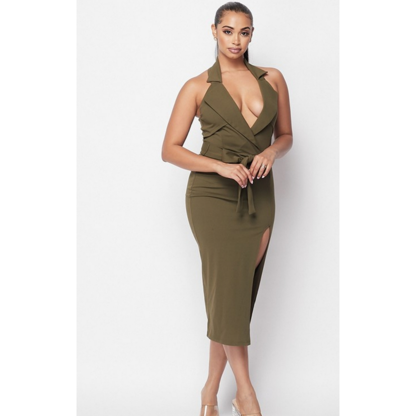 Dress Modestly V- Neck Cut Out Dress - Olive