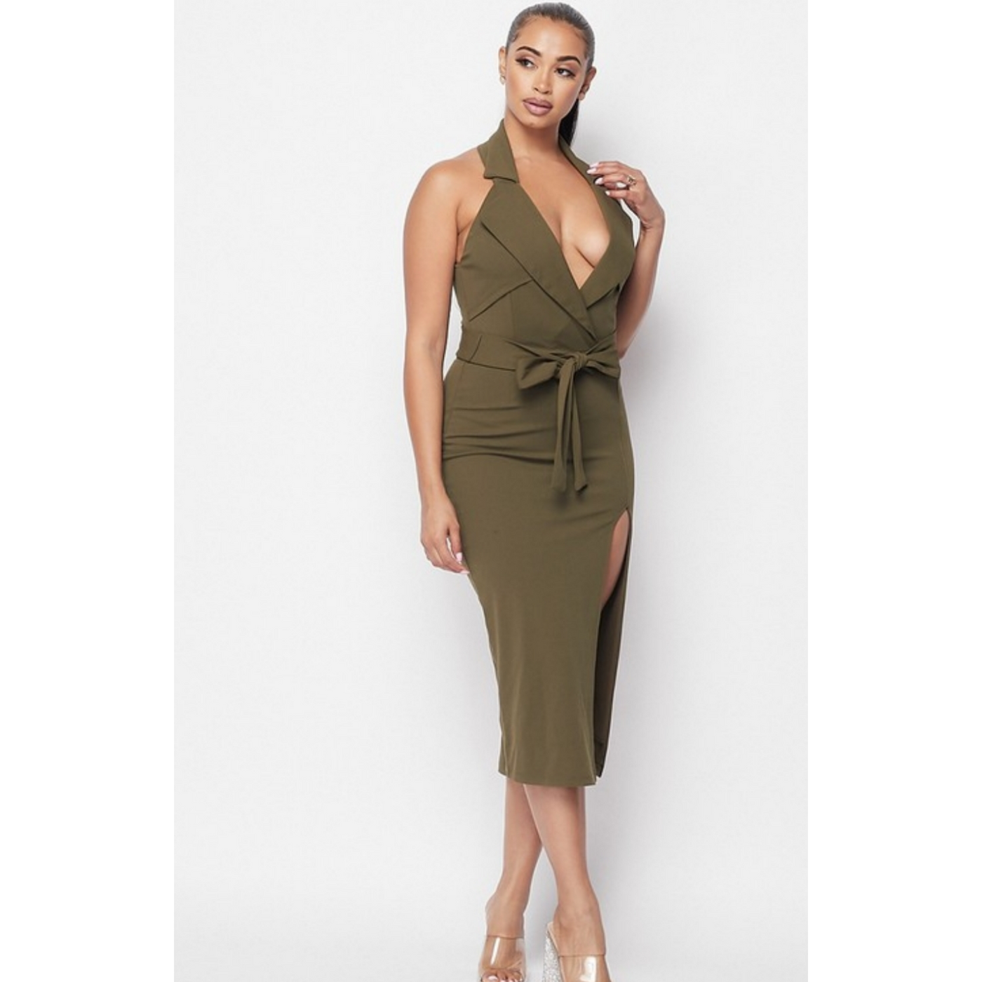 Dress Modestly V- Neck Cut Out Dress - Olive