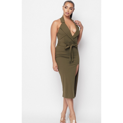 Dress Modestly V- Neck Cut Out Dress - Olive