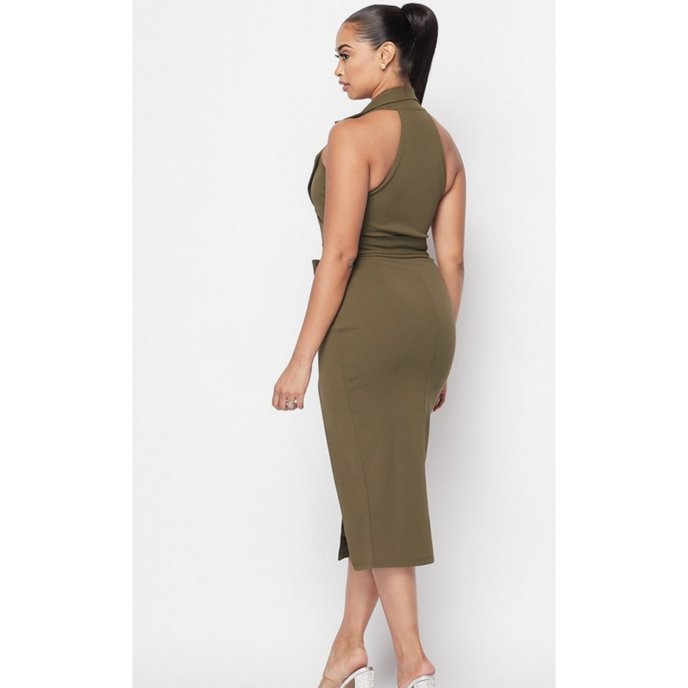 Dress Modestly V- Neck Cut Out Dress - Olive